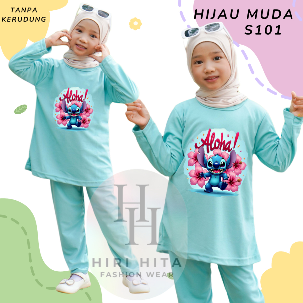 Hirihita S101 Setelan Muslim Tunik One Set Panjang Merah Putih Anak Cewek Lilo Stich Alien Biru