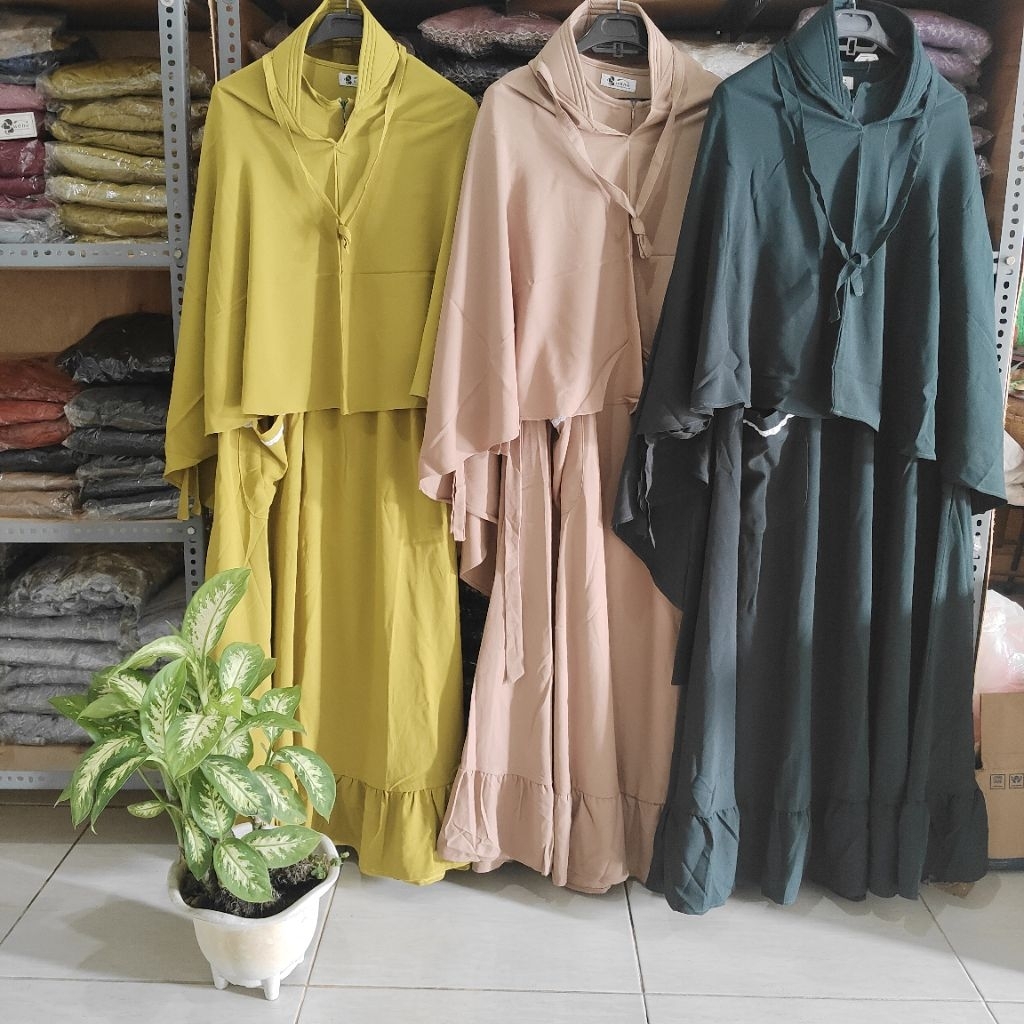 Set Hijab Syari Gamis Polos Variasi Pita Lengan Rok Mayung Saku Renda Set Remaja Syari Gamis Set Ana
