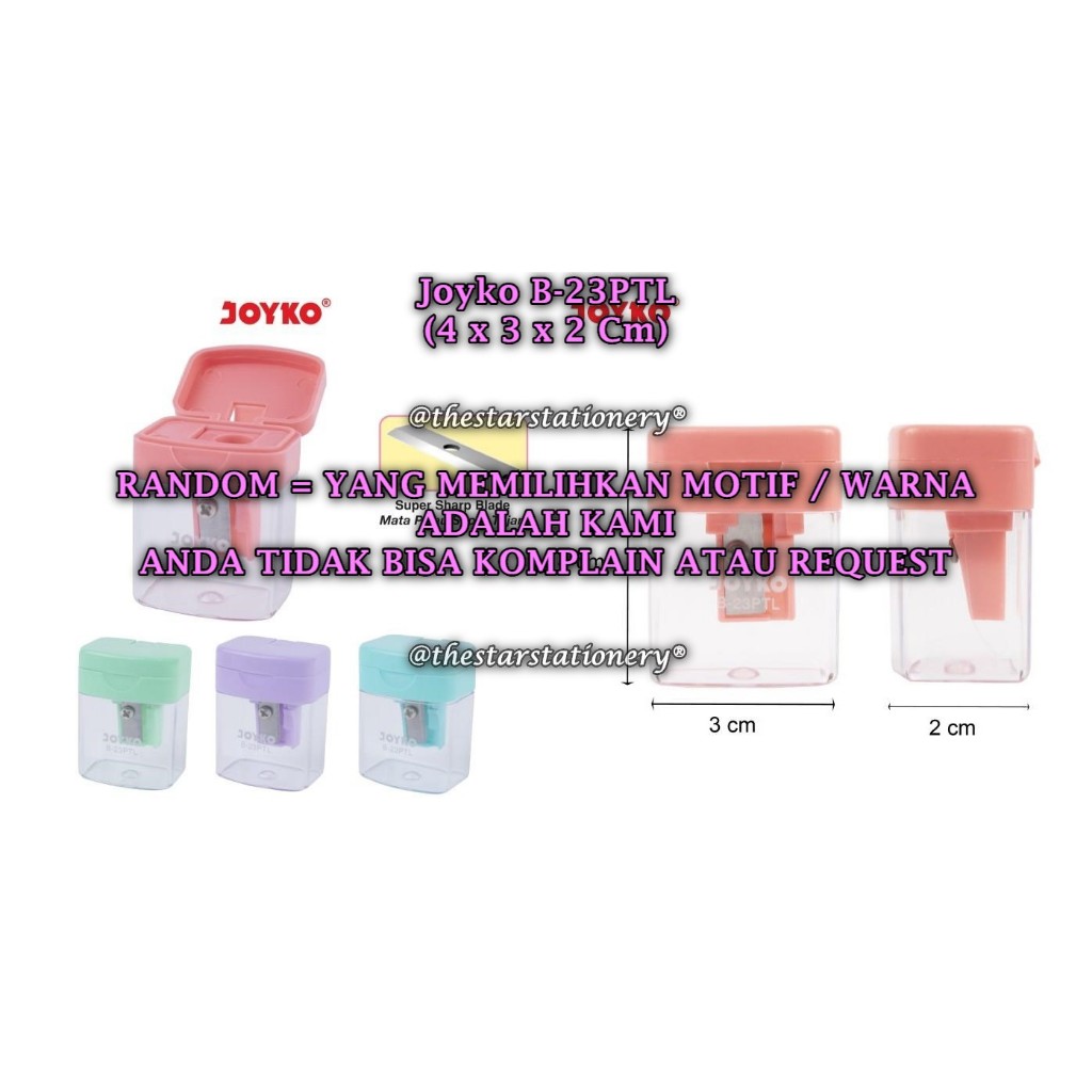 

(1 Biji) GROSIR Rautan Tabung JOYKO B-23PTL / Rautan Serutan Sharpener Joyko B-23PTL RANDOM (1 Biji)