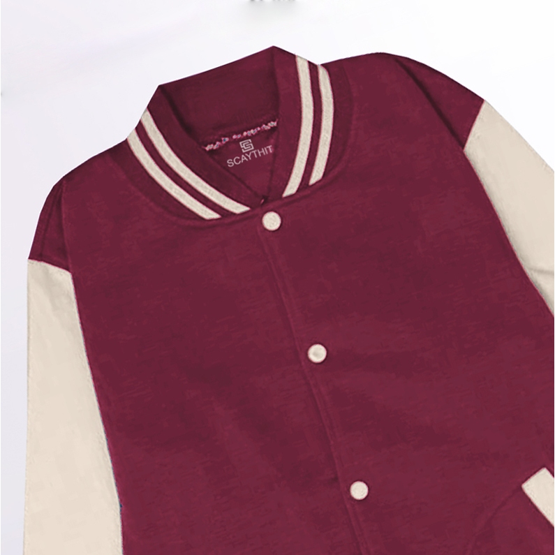 DISKON SCAYTHIT - JAKET VARSITY POLOS MARUN CREAM UNISEX ( PRIA - WANITA ) JAKET VARSITY KANCING