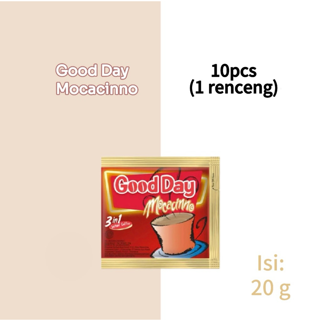 

Good Day Mocacinno Kopi instan kemasan 20g @10pcs (1 renceng)