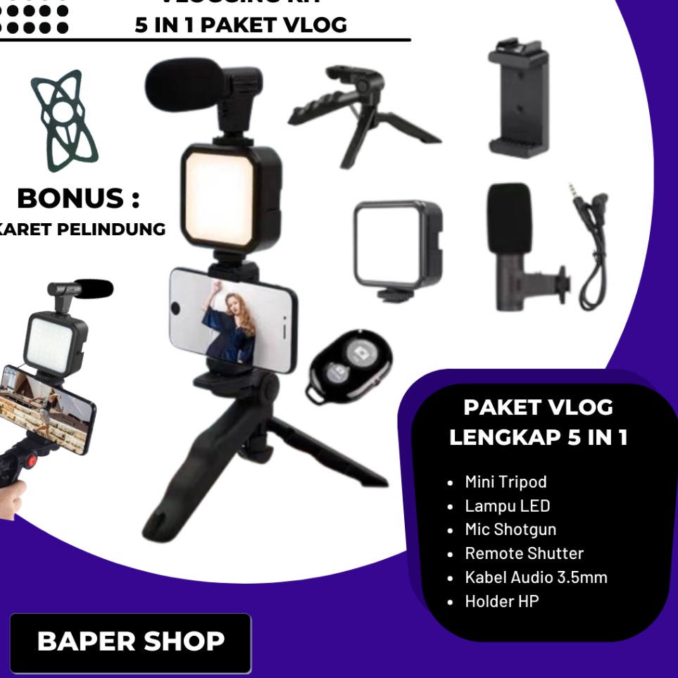 KODE H98H Vlogging Kit 5 in 1 Paket Vlog Komplit LED Light Tripod Phone Holder Microphone Remote Shu