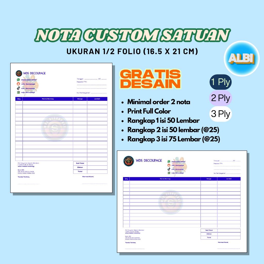 

Nota custom 1/2 folio 1ply 2ply 3ply free desain nama toko sendiri