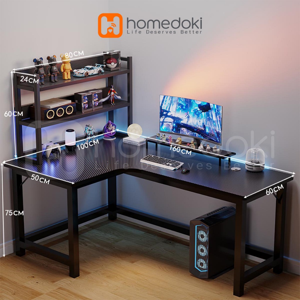 Homedoki Meja Gaming / L shaped Meja / Meja Komputer Serat Karbon / Meja Laptop / Meja Komputer Mini