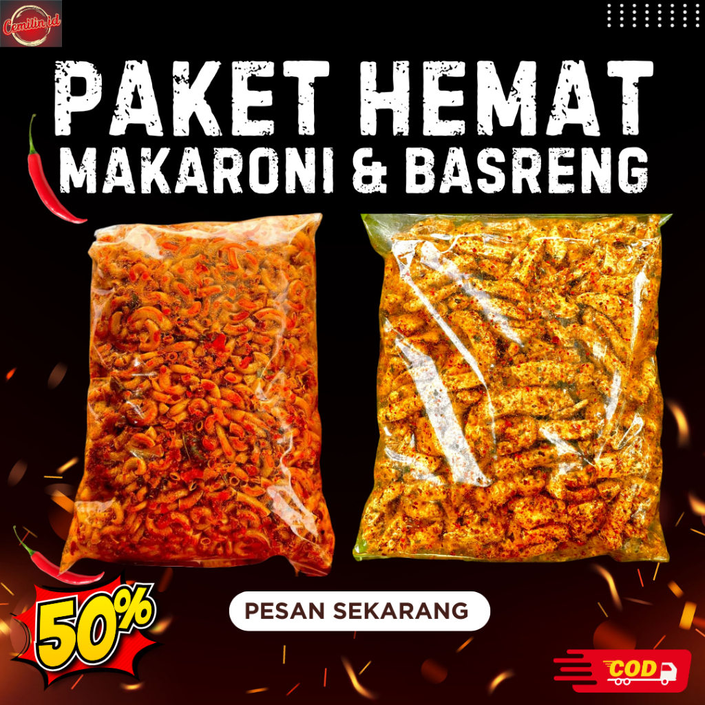 

PAKET BUDLING BASRENG PEDAS DAUN JERUK 500GR + MAKARONI CIKRUH PEDAS DAUN JERUK 500GR MURAH