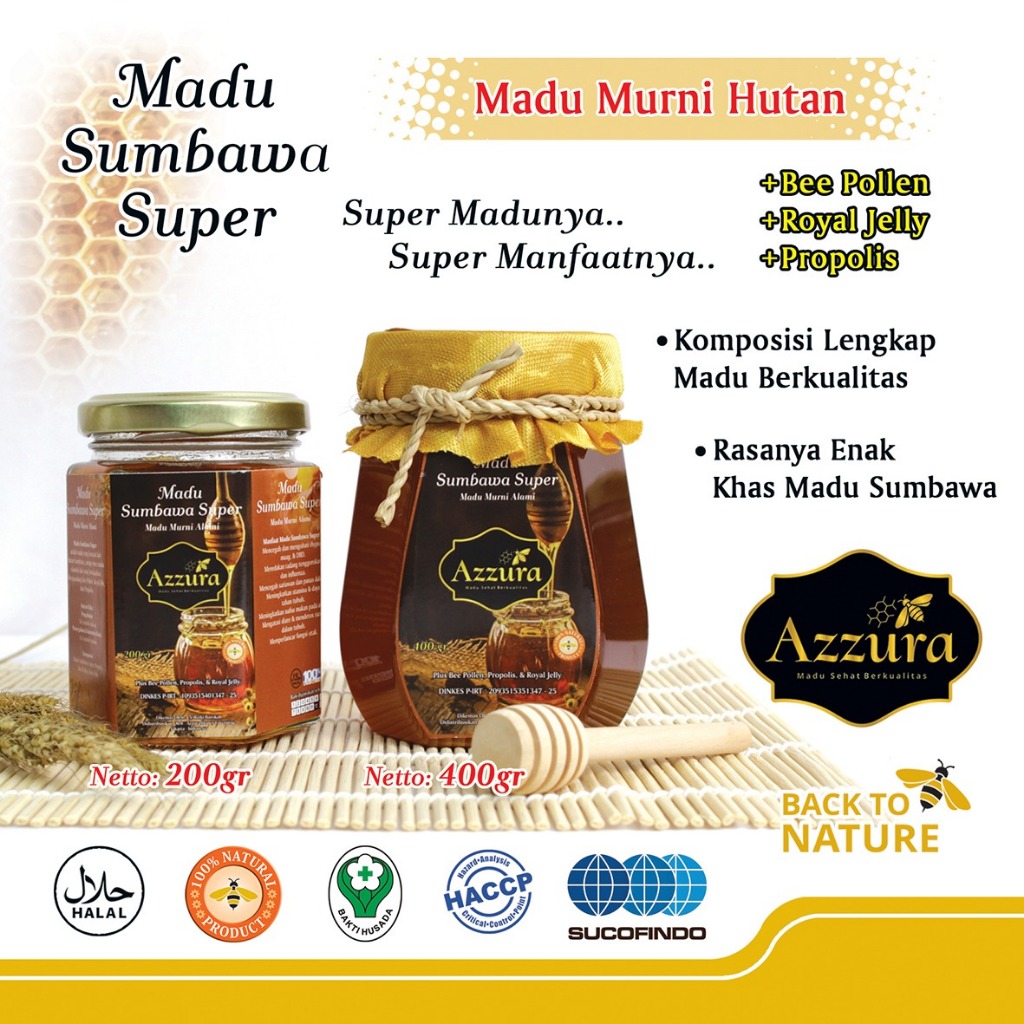 

Madu Sumbawa Super Azzura 200g/400g | Propolis, Royal Jelly, Imun Booster - Maduloka