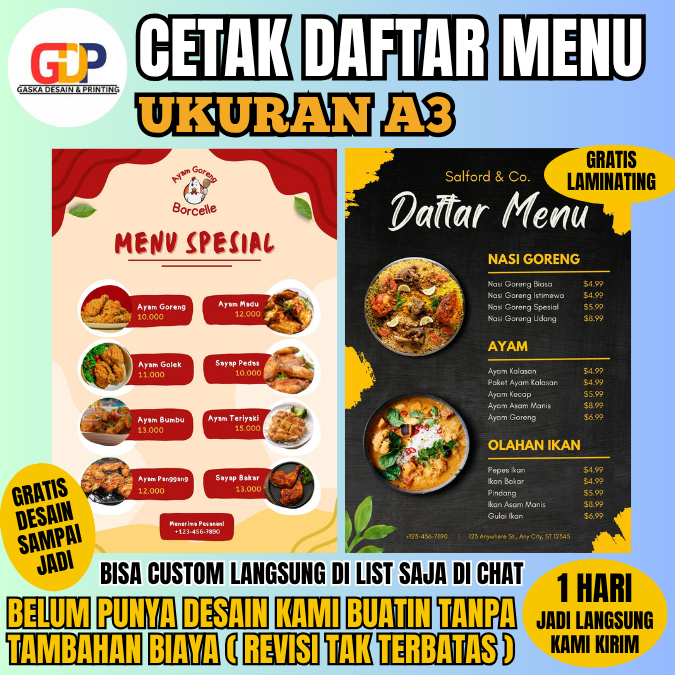 

Cetak Menu Usaha A3 isi 1 lembar – Bisa Custom Desain & Laminating Gratis