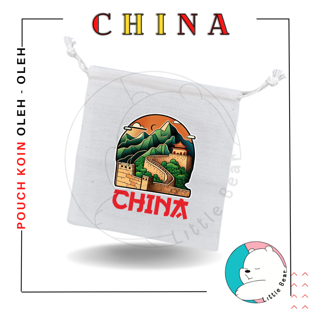Littlebear Pouch Koin Souvenir Negara China Dompet Koin Oleh Oleh Bahan Blacu Tali Serut Type 3