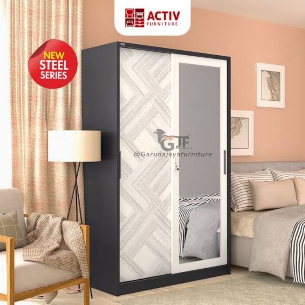 [ PLAT BESI / GAMIS ] LEMARI PAKAIAN SLIDING BESI ADA RAK DAN GANTUNGAN TINGGI 120 CM ACTIV / LEMARI