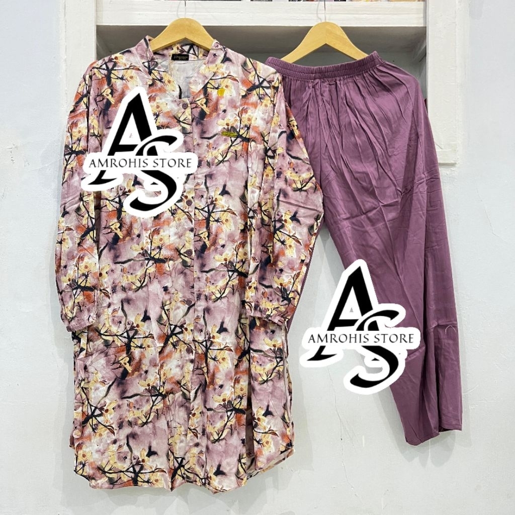 One Set Rayon Long Tunik Motif Bunga Bahan Rayon Twill Terbaru Kekinian