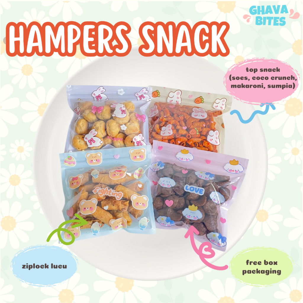 Hampers Mini Snack berisi 4 Snack Favorit soes coklat, makaroni, sumpia, coco crunch, cocok untuk ha