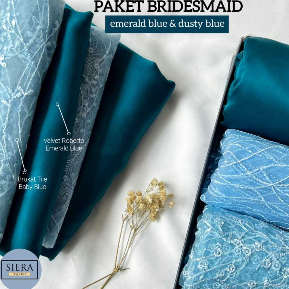 KODE W66X Paket Lengkap Kain Bridesmaid Premium  Satin Velvet Roberto Emerald Blue  Brukat Tile Baby