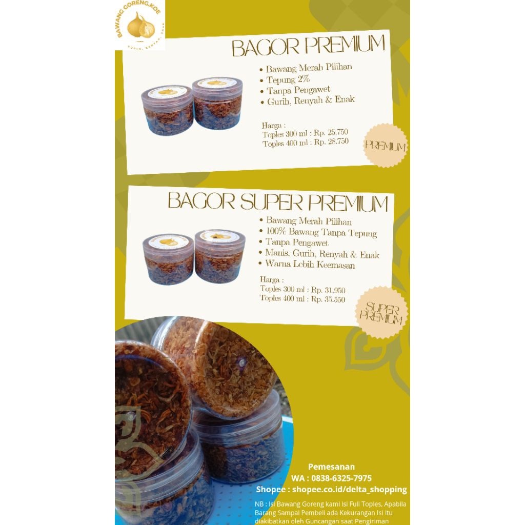 

PROMO KEMASAN LEBIH BESAR BAWANG GORENG PREMIUM 2% TEPUNG RASANYA GURIH, RENYAH DAN ENAK