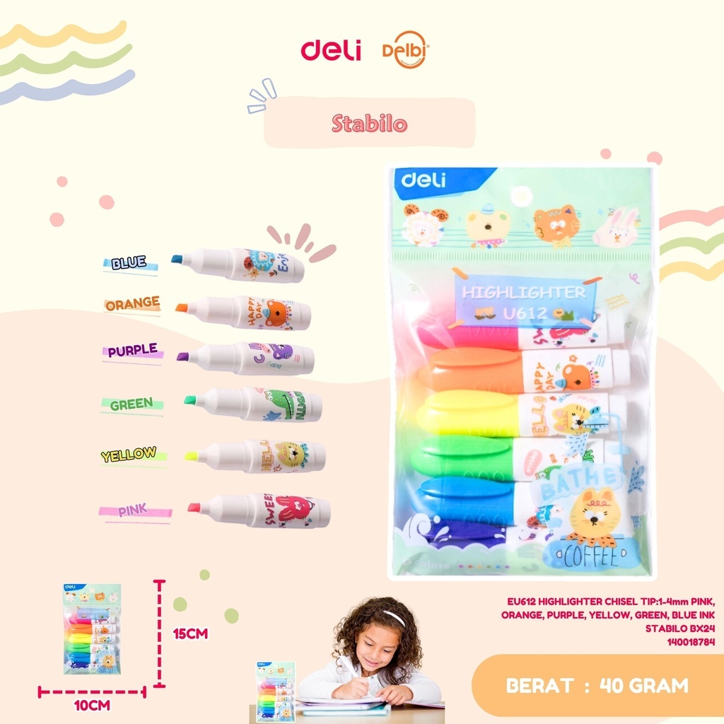 

DELI HIGHLIGHTER CHISEL TIP:1-4mm PINK, ORANGE, PURPLE, YELLOW, GREEN, BLUE INK STABILO
