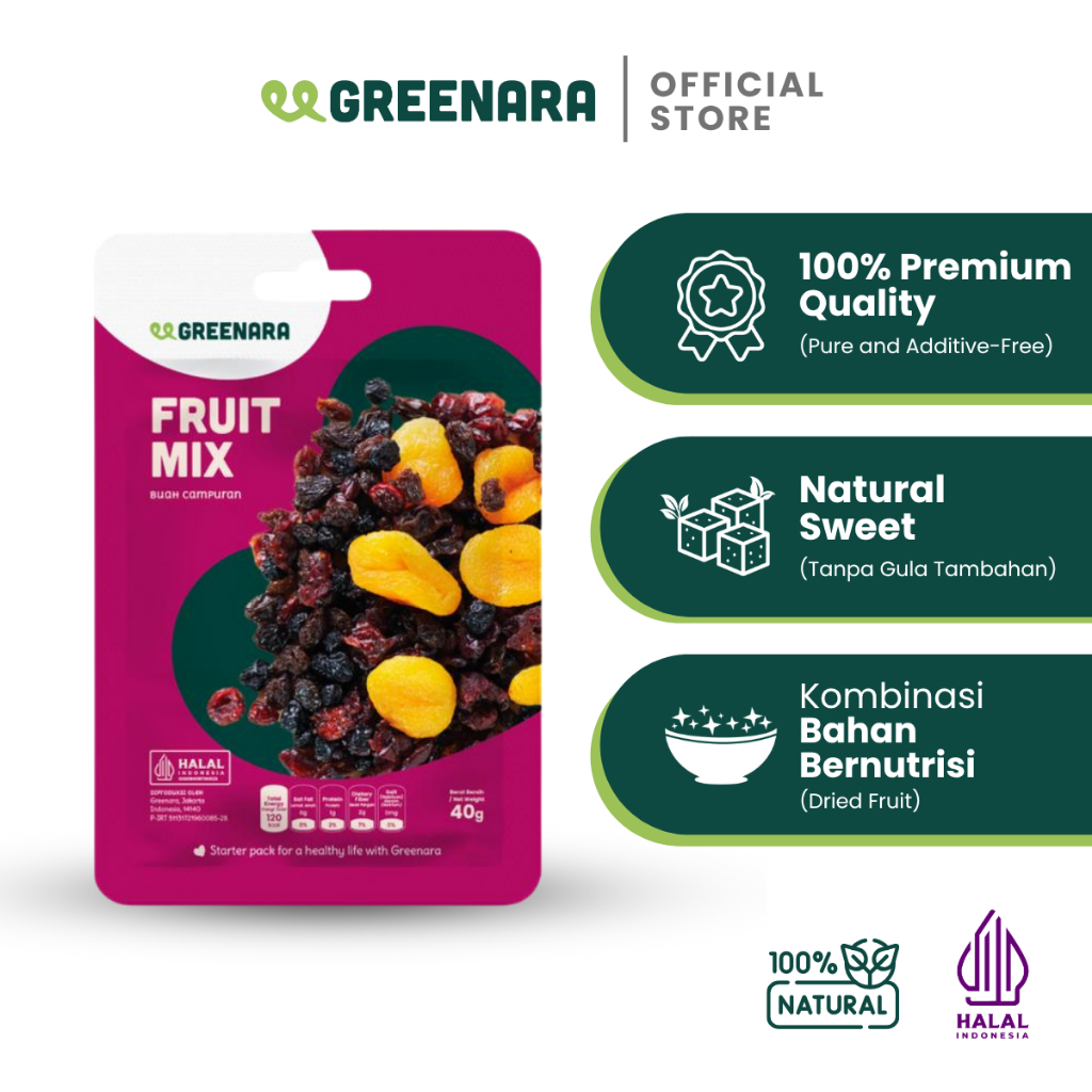 

Greenara One Serving Famiy Fruit Mix 40gr / Snack Sehat / Camilan Buah Kering