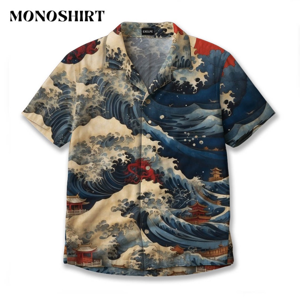 MONO Kemeja Motif Ombak Jepang – Kemeja Fullprint Unisex Lengan Pendek Nuansa Tradisional Ukiyo-e | 