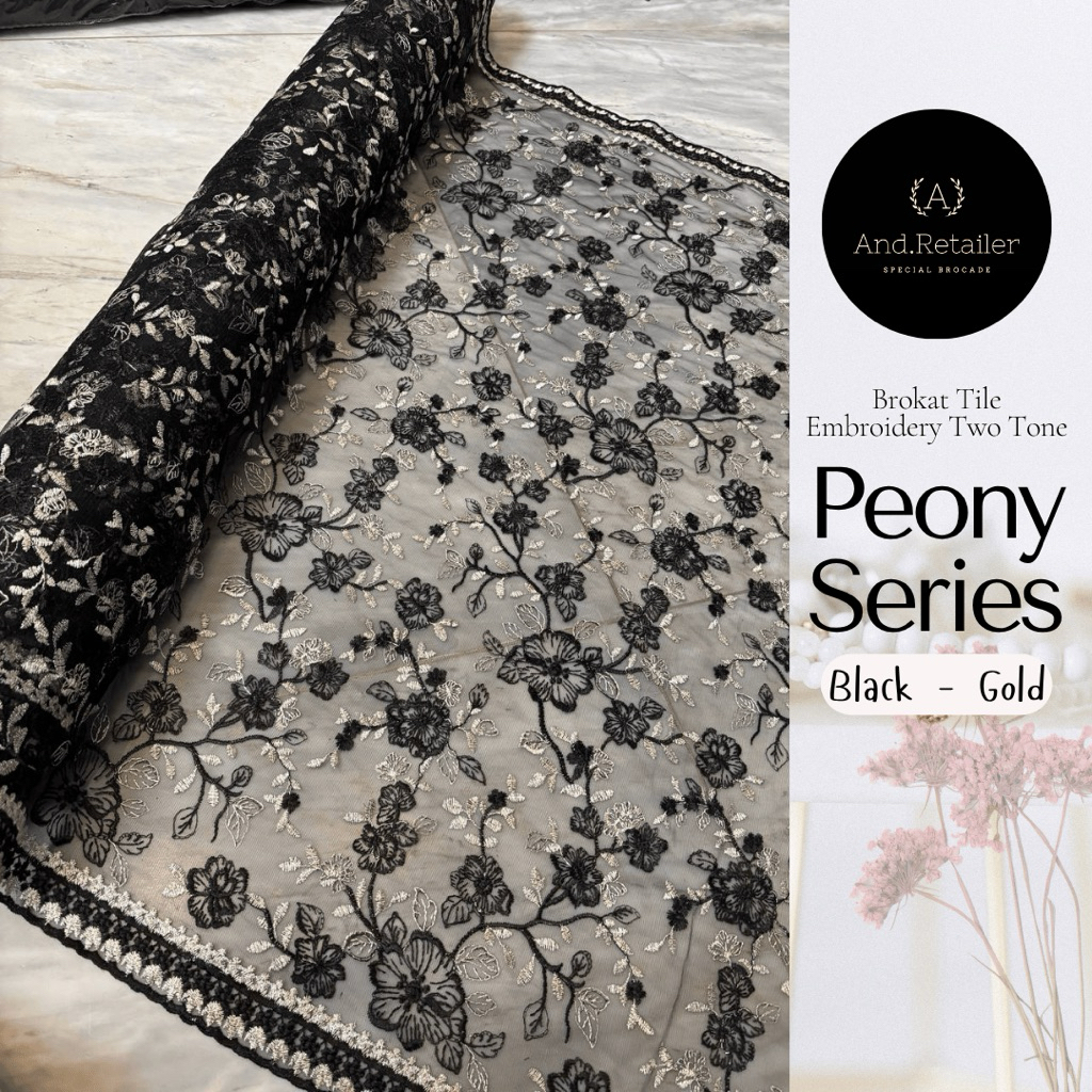 Bahan Kain Kebaya Mewah Brukat Tile Embroidery Peony Series Bordir Tepi 2Tone Warna Hitam Gold dll