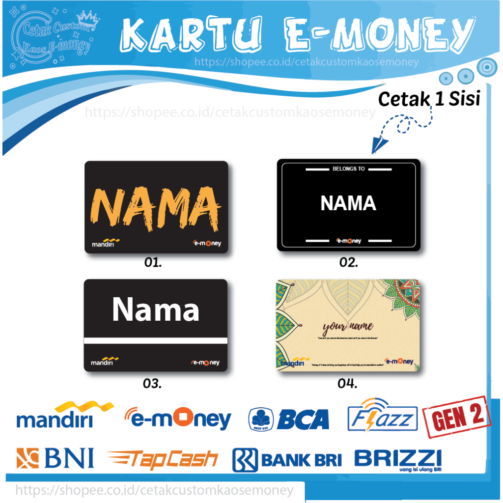 KARTU E MONEY E TOLL KUMPULAN CUSTOM NAMA BEBAS SUKA2 EMONEY MANDIRI BCA BNI BRI - 1 SISI