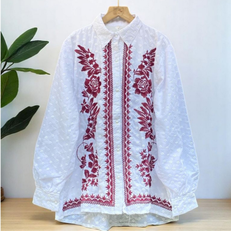 Kemeja Wanita Katbol Full Furing Bordir Bunga Premium | Atasan Baju Cewek Katun Bordir Katbol