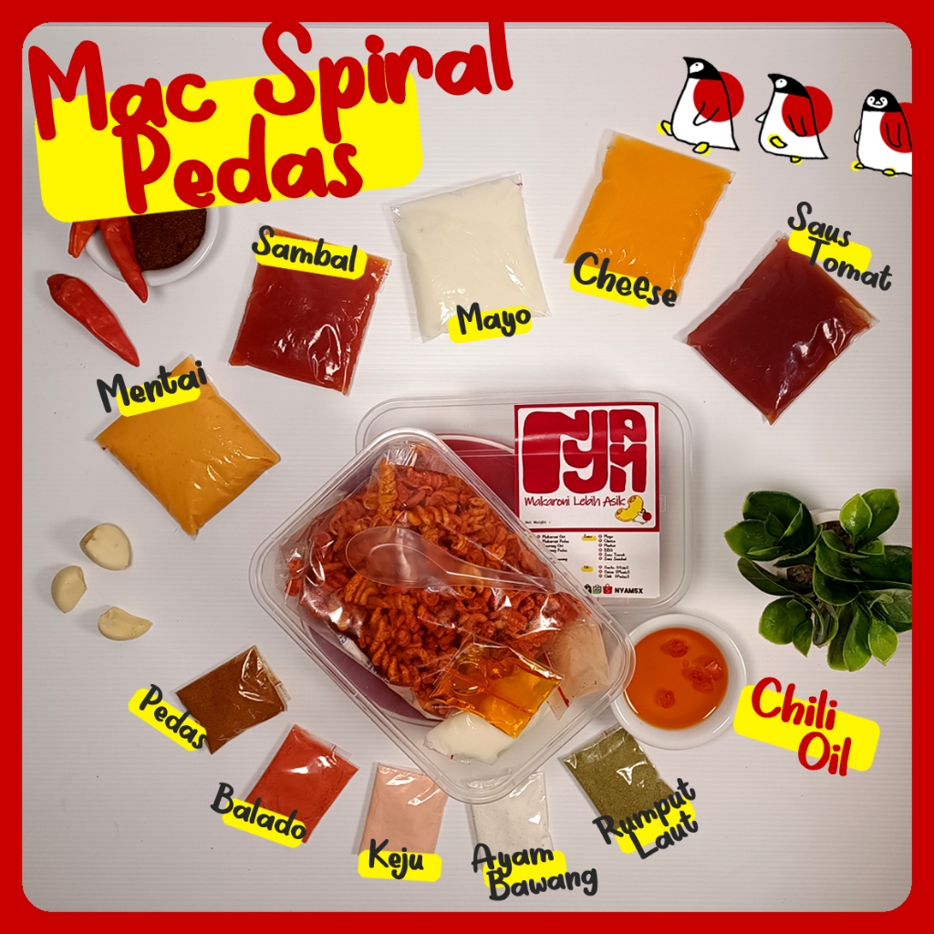 

Nyam5x Makaroni Spiral PEDAS + Chilli Oil mix Bumbu dan Saus Creamy