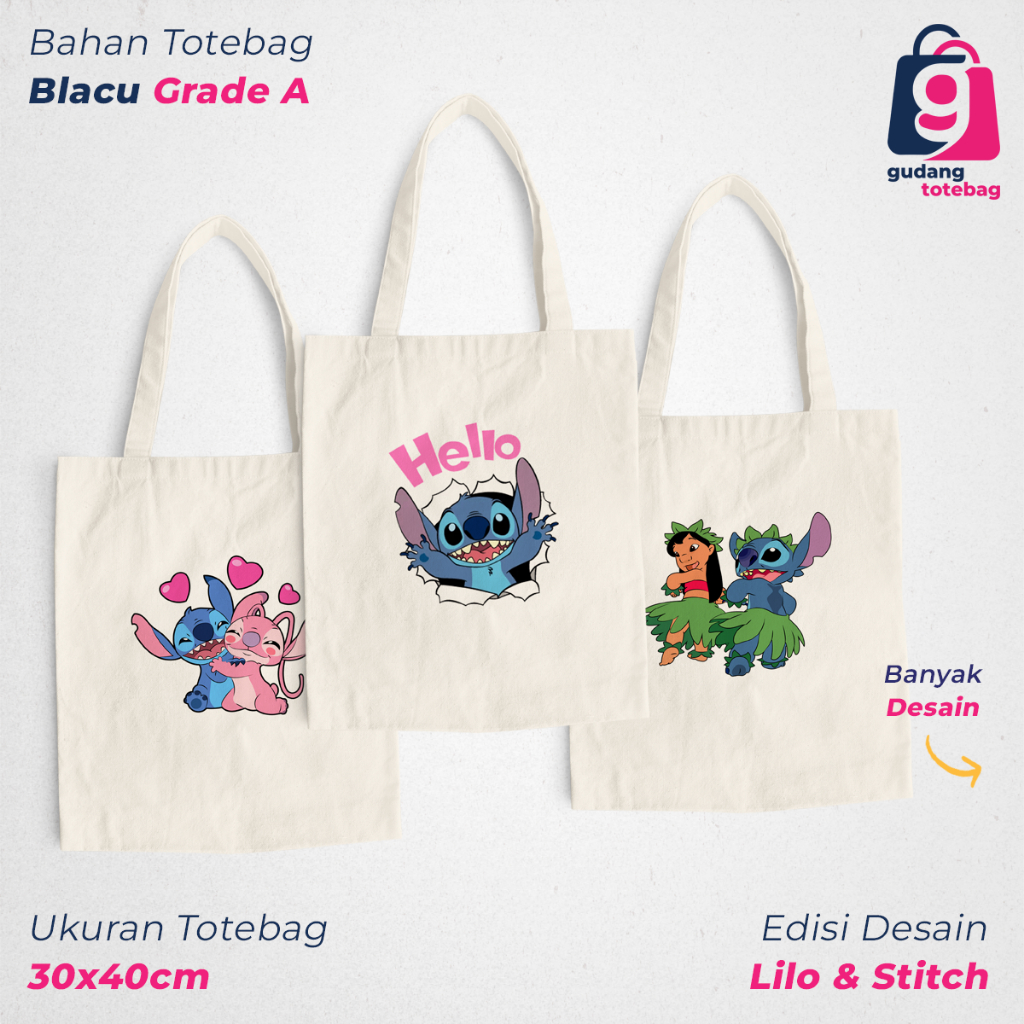 Totebag Karakter Lilo & Stitch Kartun Lucu Aesthetic untuk Kuliah dan Wanita