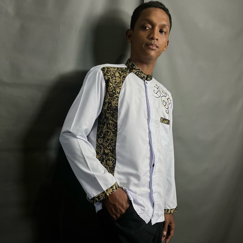 Baju koko Putih Brodir Lengan Panjang Kombinasi Batik Pria Dewasa Bahan Tebal Adem