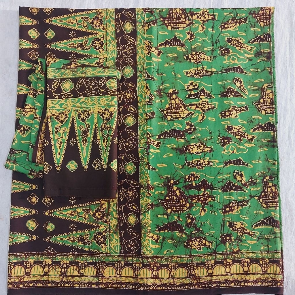 Set sarung selendang batik jambi katun halus motif ikan seluang hijau kuning cokelat [RIALESTARI] se