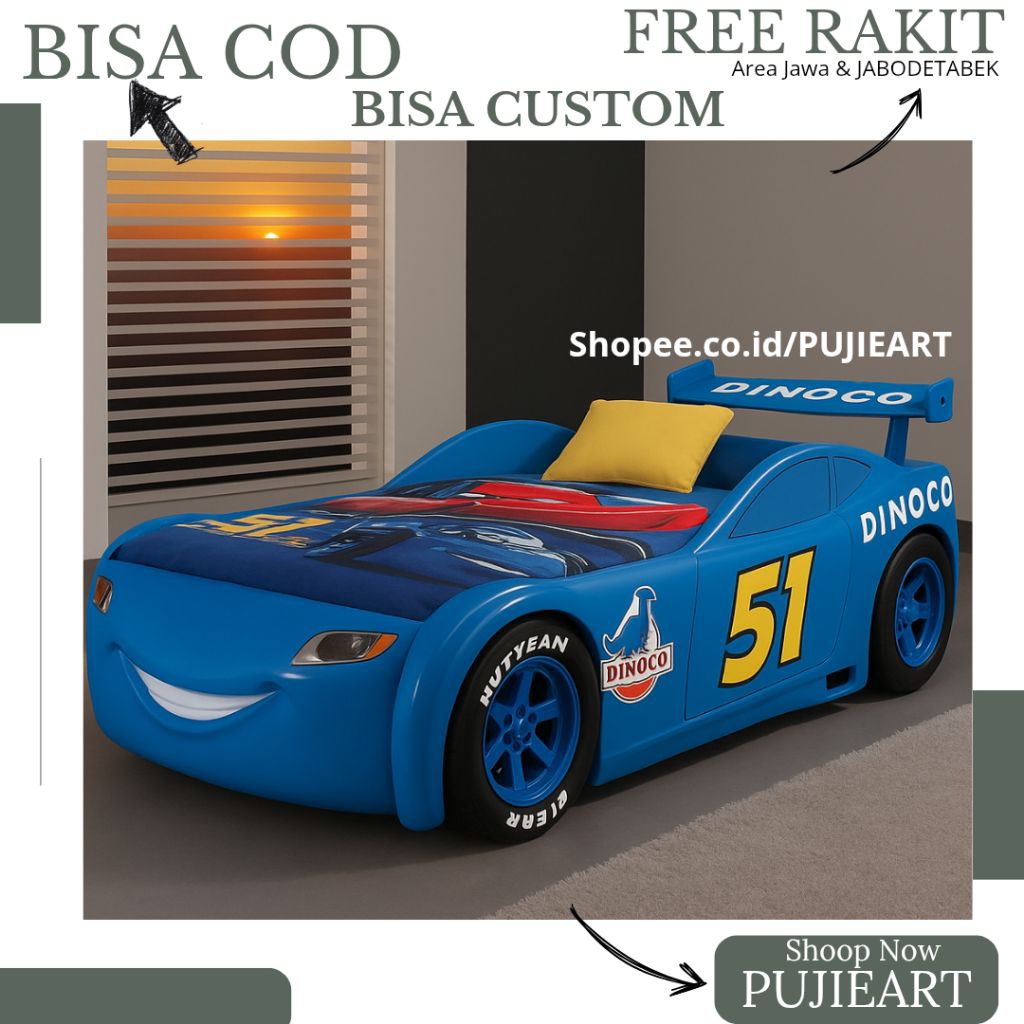 Dipan Anak Kayu Karakter Mobil Dinoco Biru