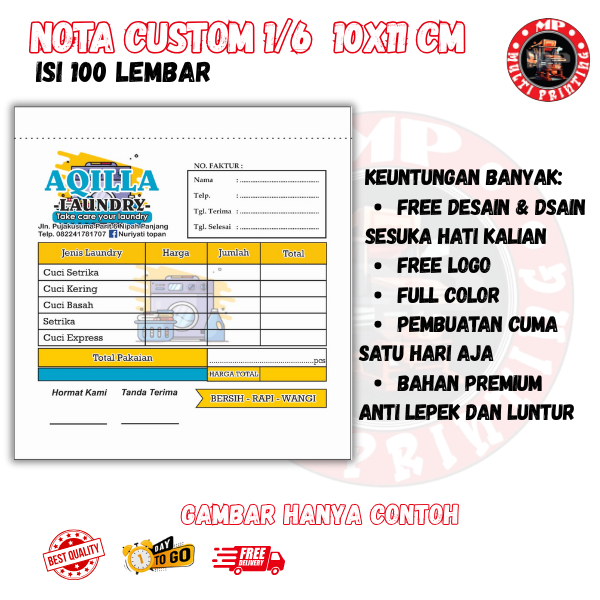 

nota custom 1/6 isi 100 gratis dsain ukuran 10x11 nota standar bon ful color kwitansi multi printing