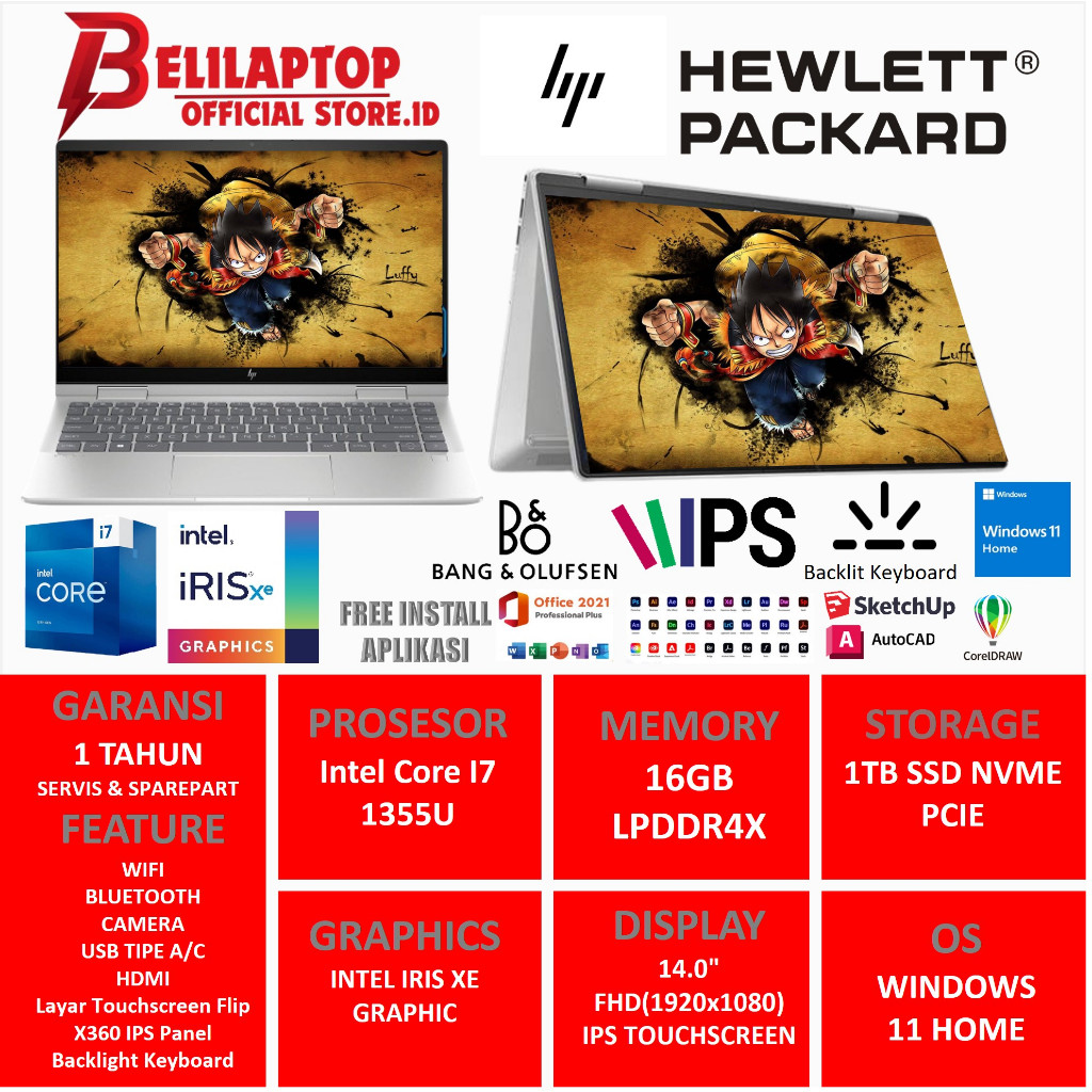 laptop touchscreen HP envy X360 intel i7 1355U RAM 16GB SSD 2TB SSD 14 inch Full HD IPS Silver