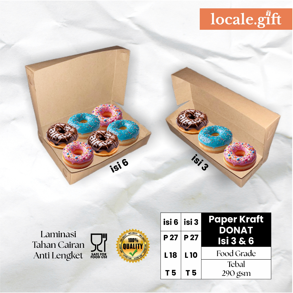

[1 pcs] Box Donat isi 6 dan 3 Paper Kraft Laminasi
