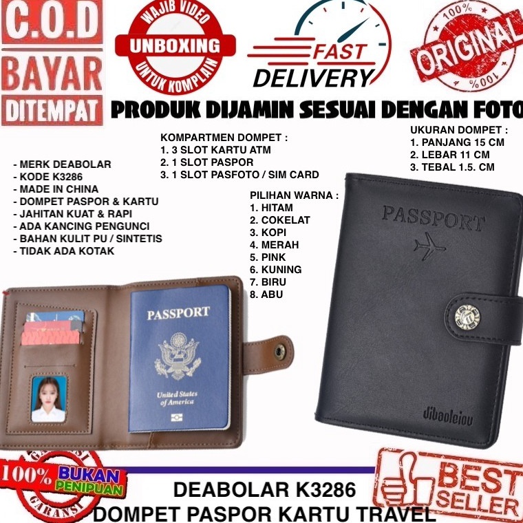 KODE V89Y COD Deabolar K3286 Dompet Paspor Kartu untuk Travel Bahan Kulit PU  Sintetis Tebal Dengan 