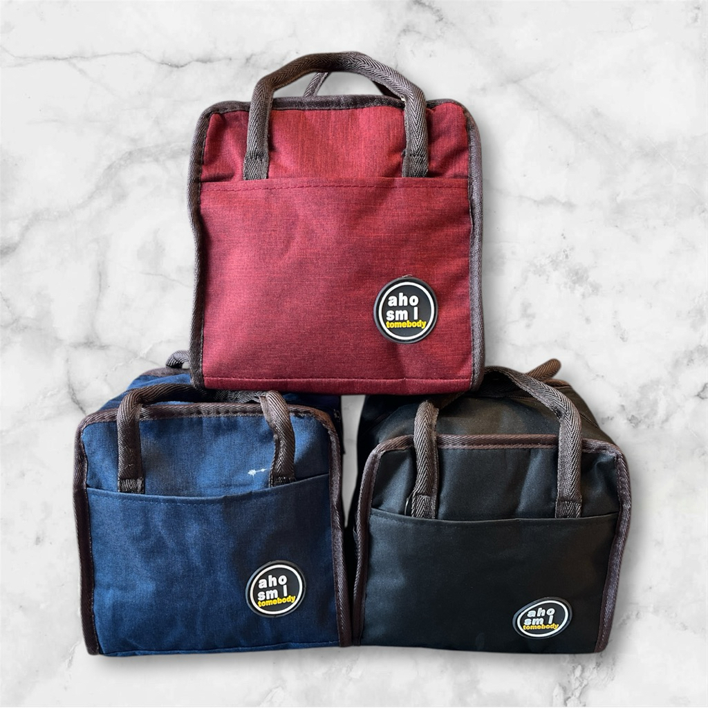 Aho Ami Tas Tenteng Bekal Makanan Minuman Polos Bahan Kain Warna Merah Biru dan Hitam untuk Perlengk