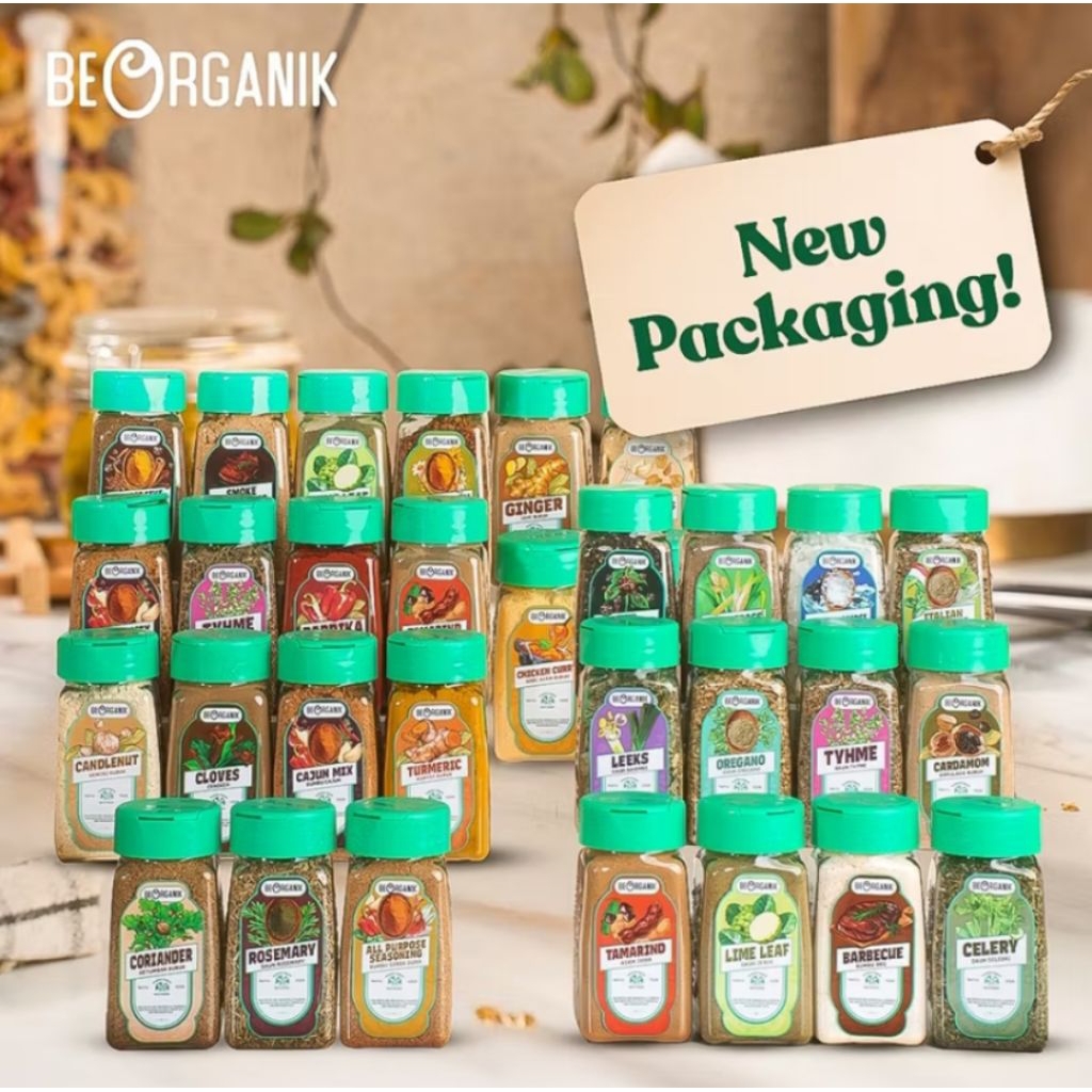 

Beorganik - Bumbu Masak Paprika, gelatin, rosemary, ginger, oregano, Himalayan salt, chia seeds, garlic, white pepper, parsley, Italian herbs, salted cheese, candlenut, nutmeg