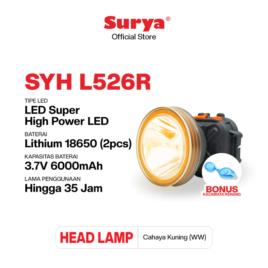 Surya Senter Kepala Selam Cahaya Kuning SYH 526R / Head Lamp rechargeable / senter kepala SELAM MURA