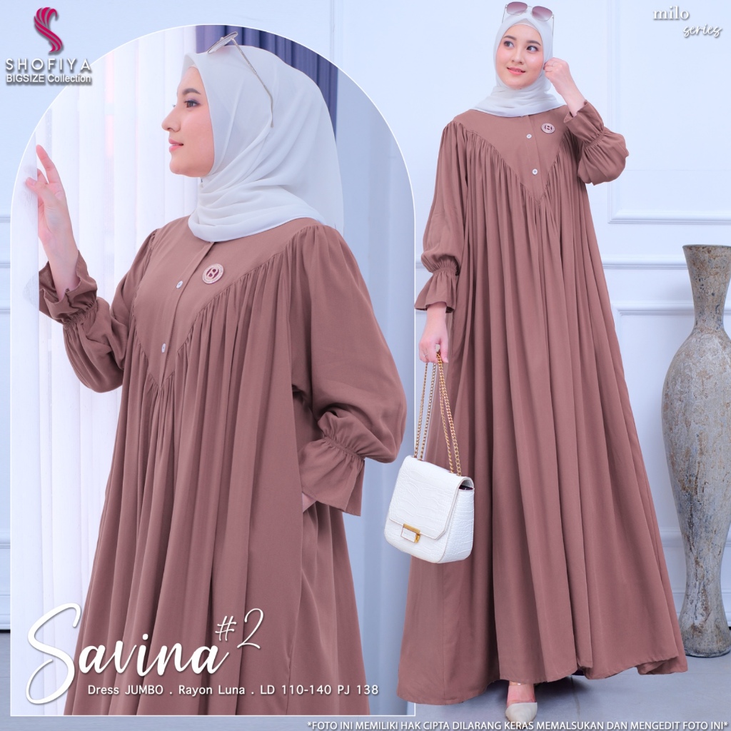 Savina baju dress gamis wanita muslim jumbo ld 120 rayon polos elegant kekinian simple terbaru