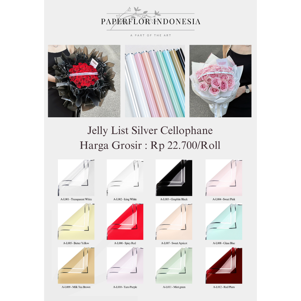

(20 LEMBAR) JELLY LIST SILVER CELLOPHANE - KERTAS WRAP PEMBUNGKUS BUNGA - PAPERFLOR INDONESIA