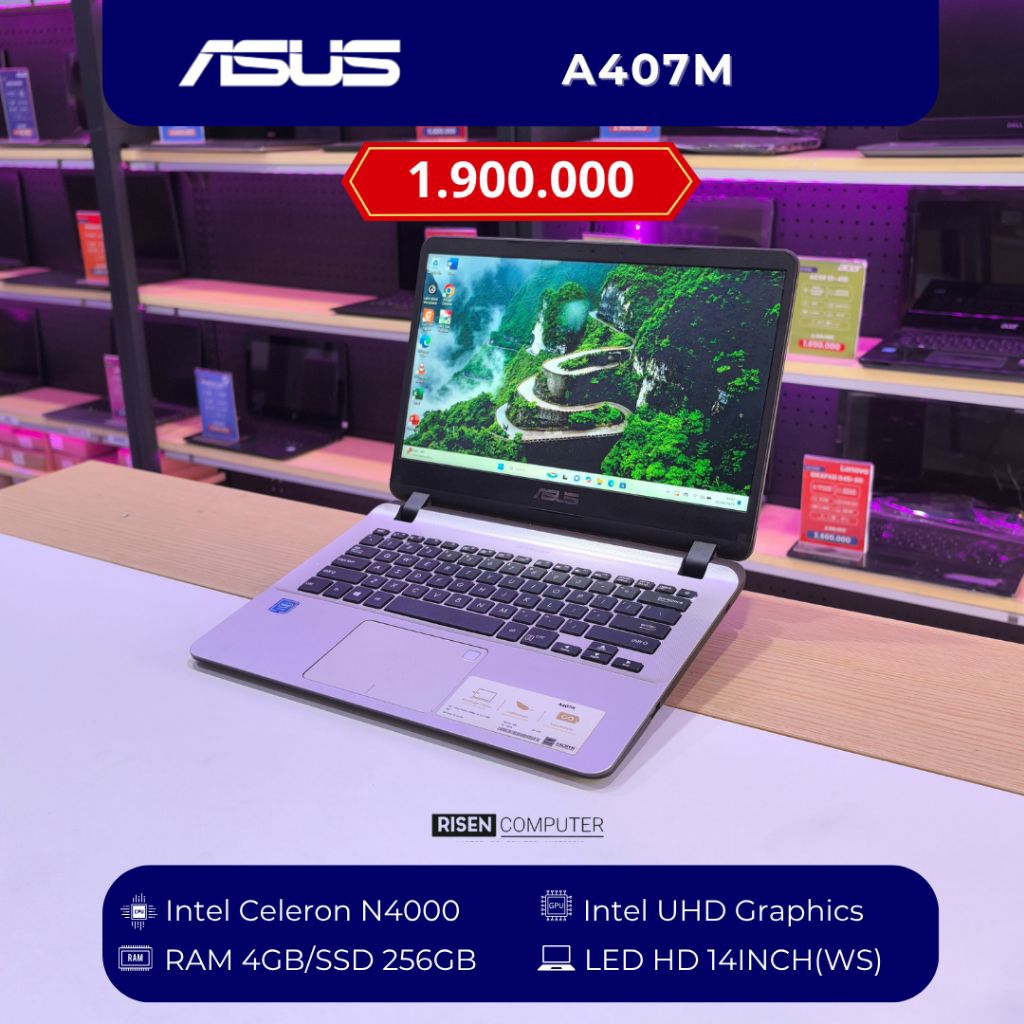 Laptop Asus A407M Intel Celeron N4000 RAM 4GB SSD 256GB HD 14inch Notebook Second Seken