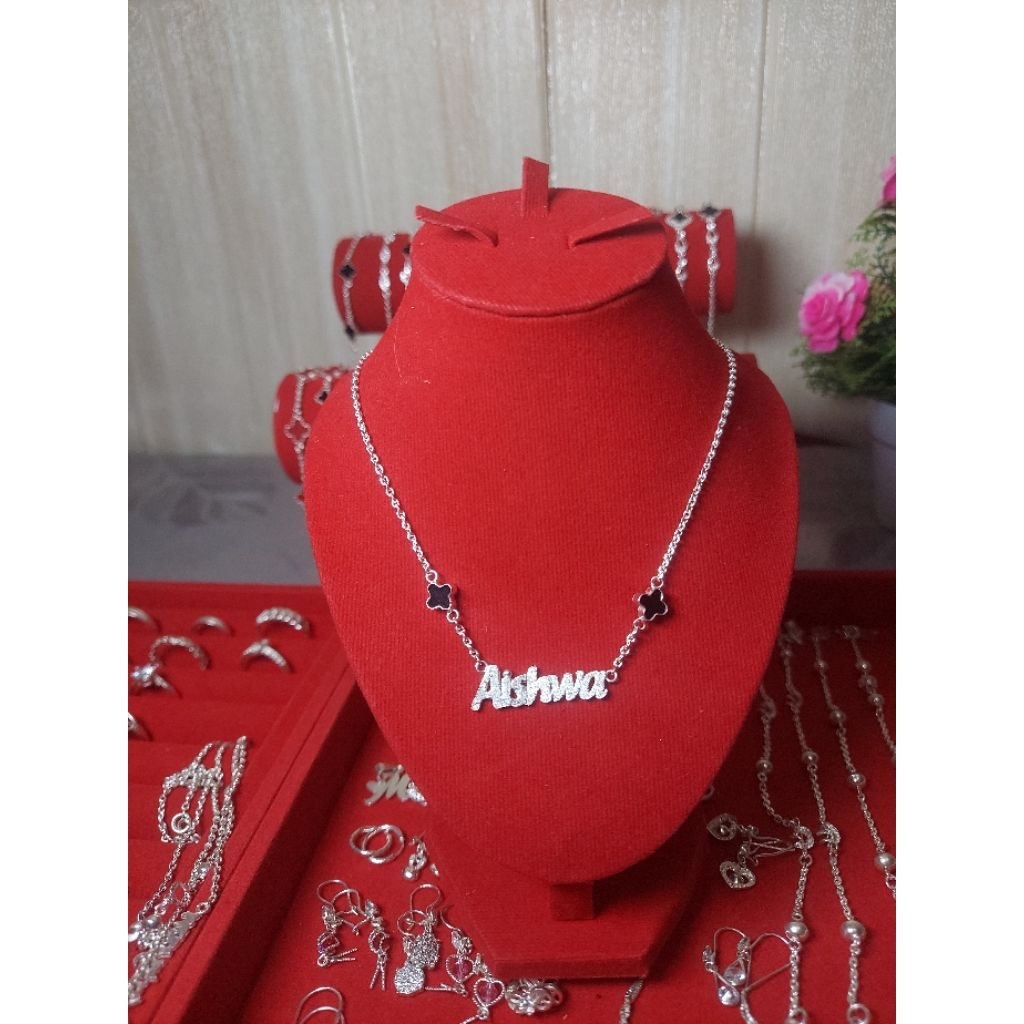 kalung nama anak perak mainan clover