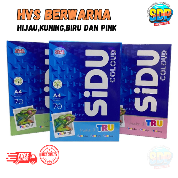 

HVS SIDU Warna A4 70 Gram 500Lembar Pink, Kuning, Hijau, Biru - Kertas Print Super Digital Printing