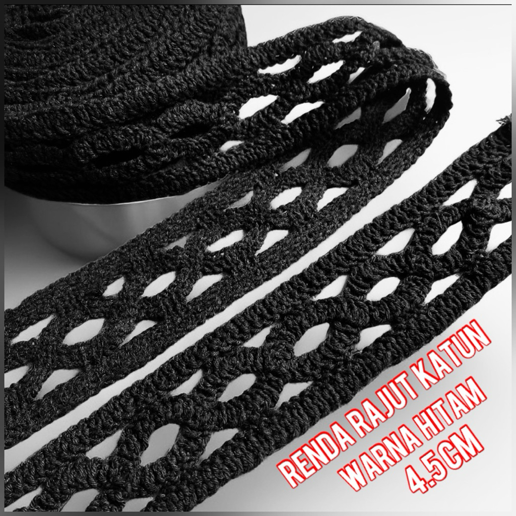 per meter renda rajut warna hitam lebar 4.5 cm