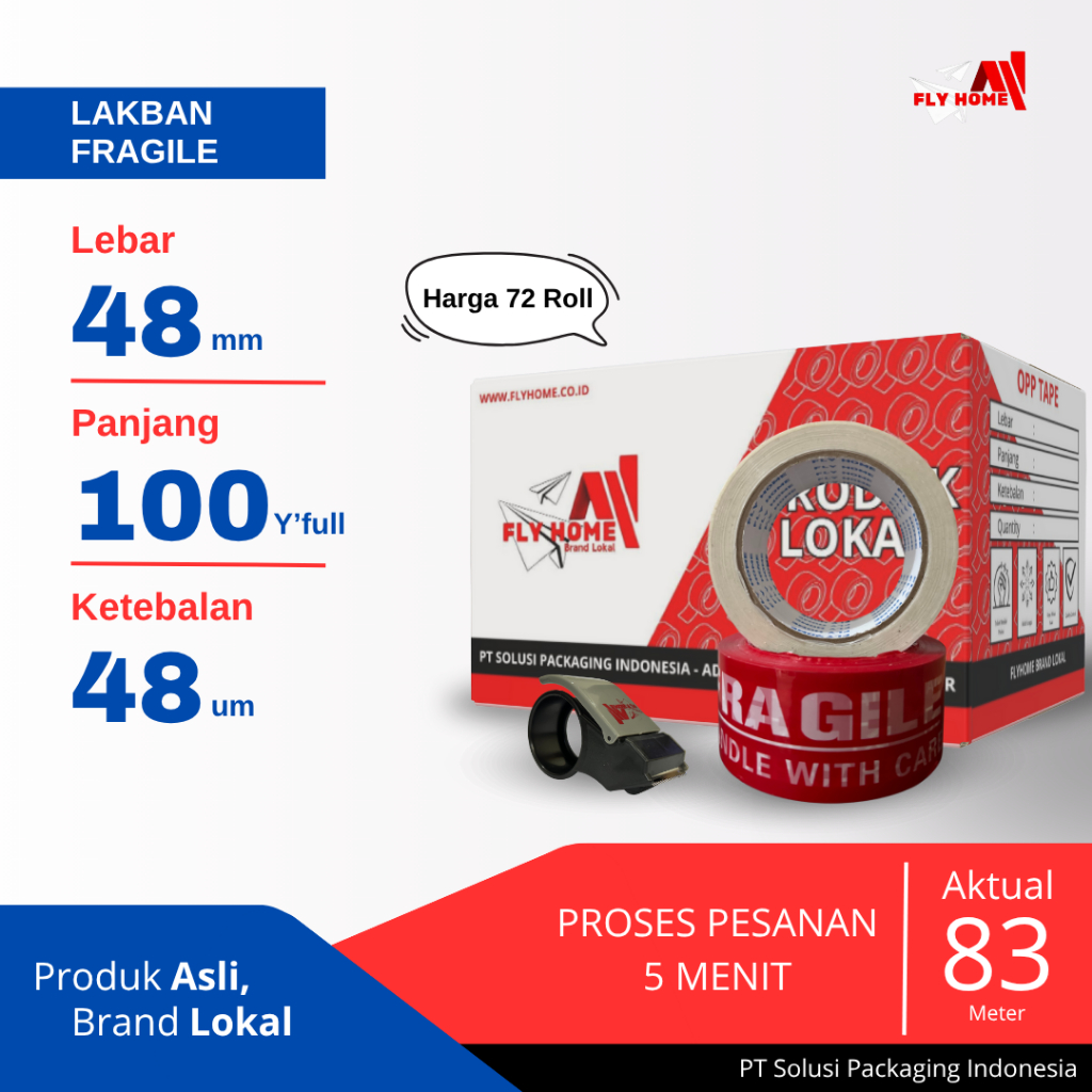 

FLYHOME Lakban Fragile merah putih 100yard 2inci 48x100 yard 1 dus - 72Rolls jumbo CARGO