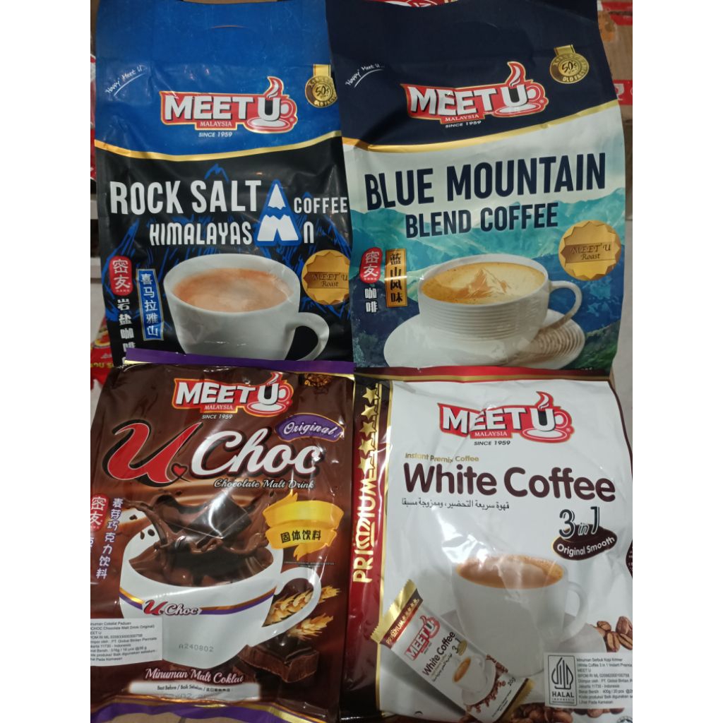 

MEET U COFFEE INSTAN MALAYSIA U CHOC/BLUE MOUNTAIN/WHITE COFFEE/ROCK SALT HIMALAYAN (ECER 1PCS)