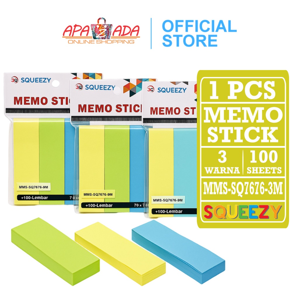 

Apazada - Sticky Note Warna Strip [1 Pcs - 100 Lembar] / Memo Stick Squeezy 3 Warna MMS-SQ7676-3M