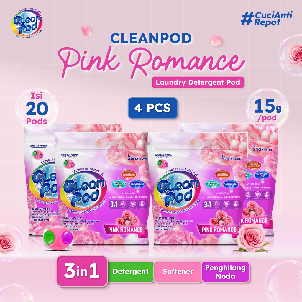 [ CLEANPOD ] 4 pcs Pink Romance Scent Laundry Detergent Pods (1 Pack 20 Pods x 15 Gr)