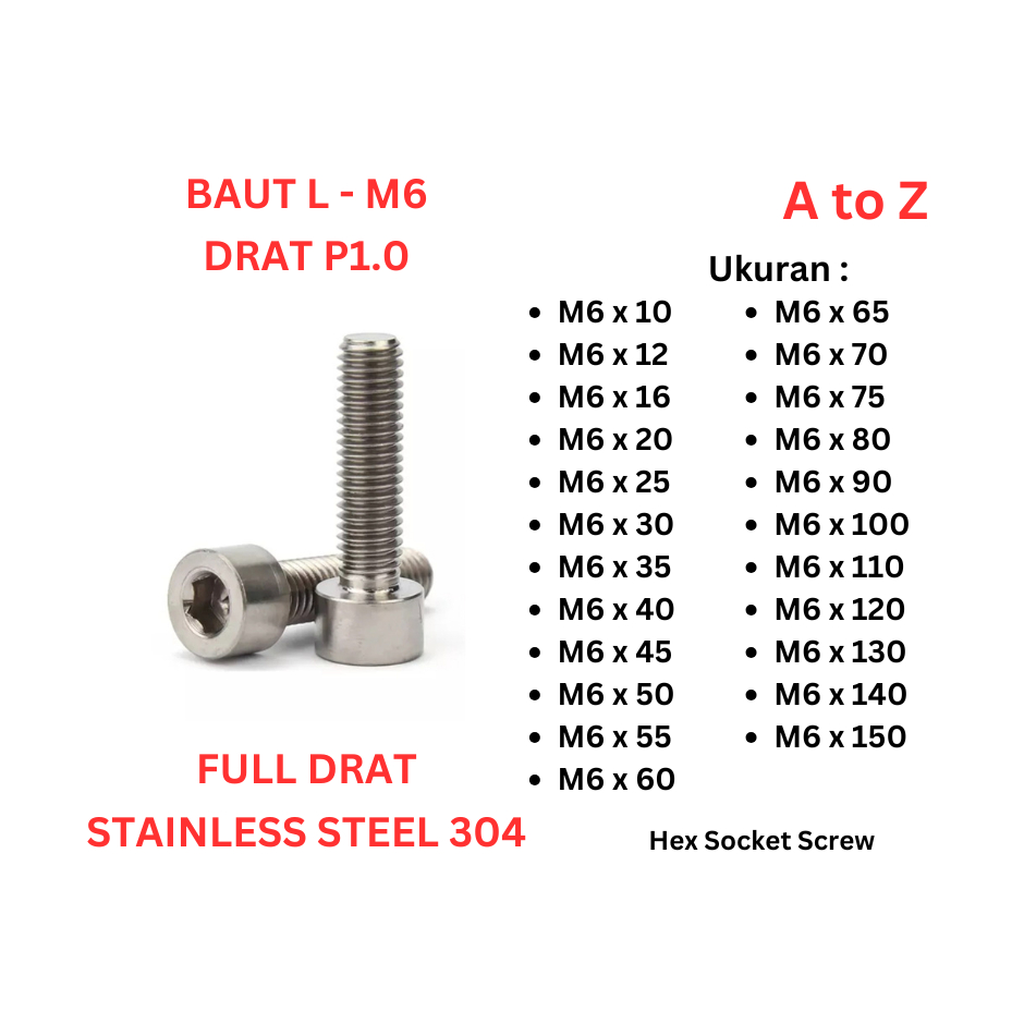 Baut L SS 304 - M6 x 110 / 120 / 130 / 140 / 150 Full Drat P1.0 - Kunci L / Stainless Hex Socket Scr