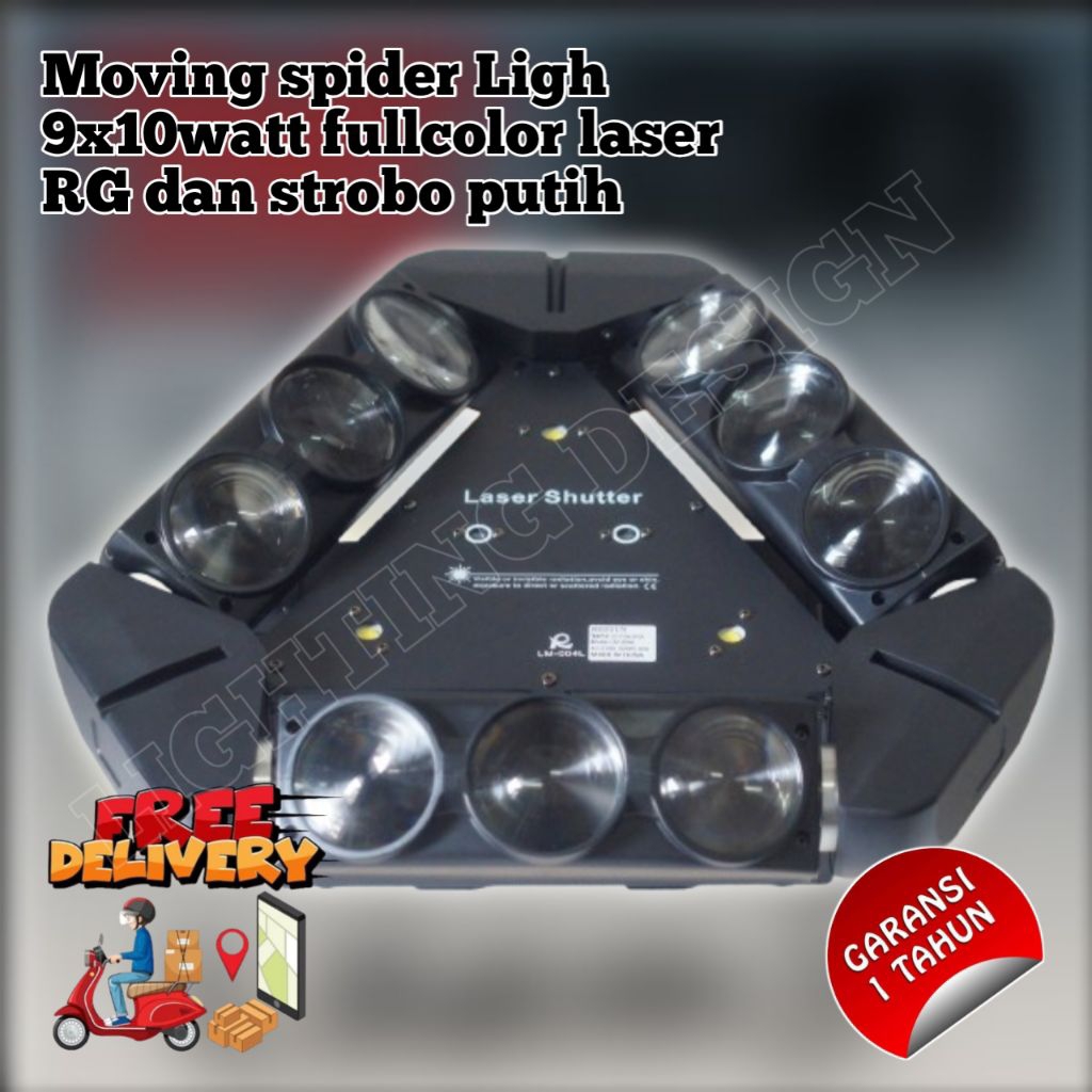Moving beam lampu spider 3 baris panggung 9x10 fullcolor + laser dan strbe putih