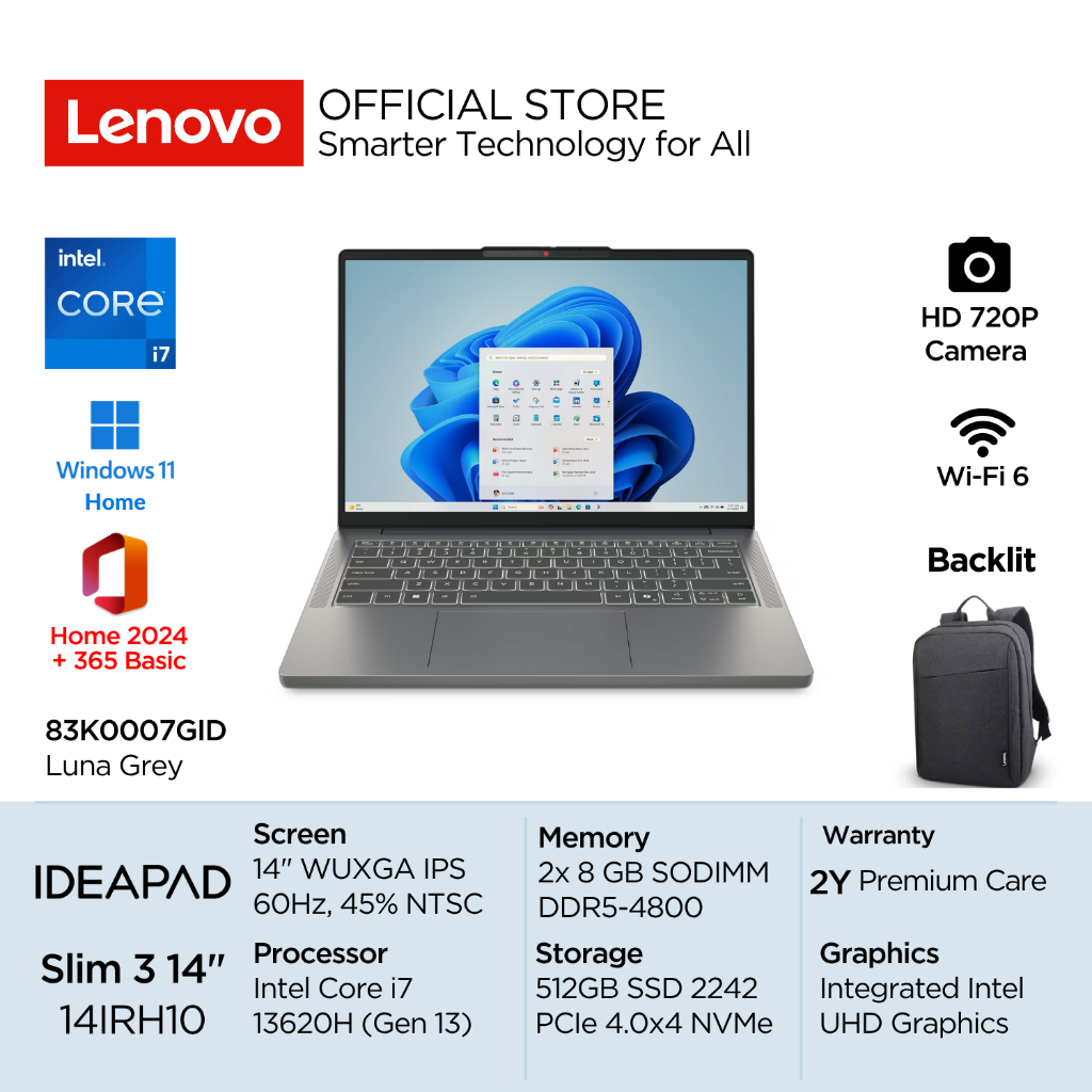 Lenovo IdeaPad Slim 3i 14IRH10 Intel Core i7 13620H Win11 16GB (2x8) 512GB SSD 14" WUXGA IPS 60Hz 45