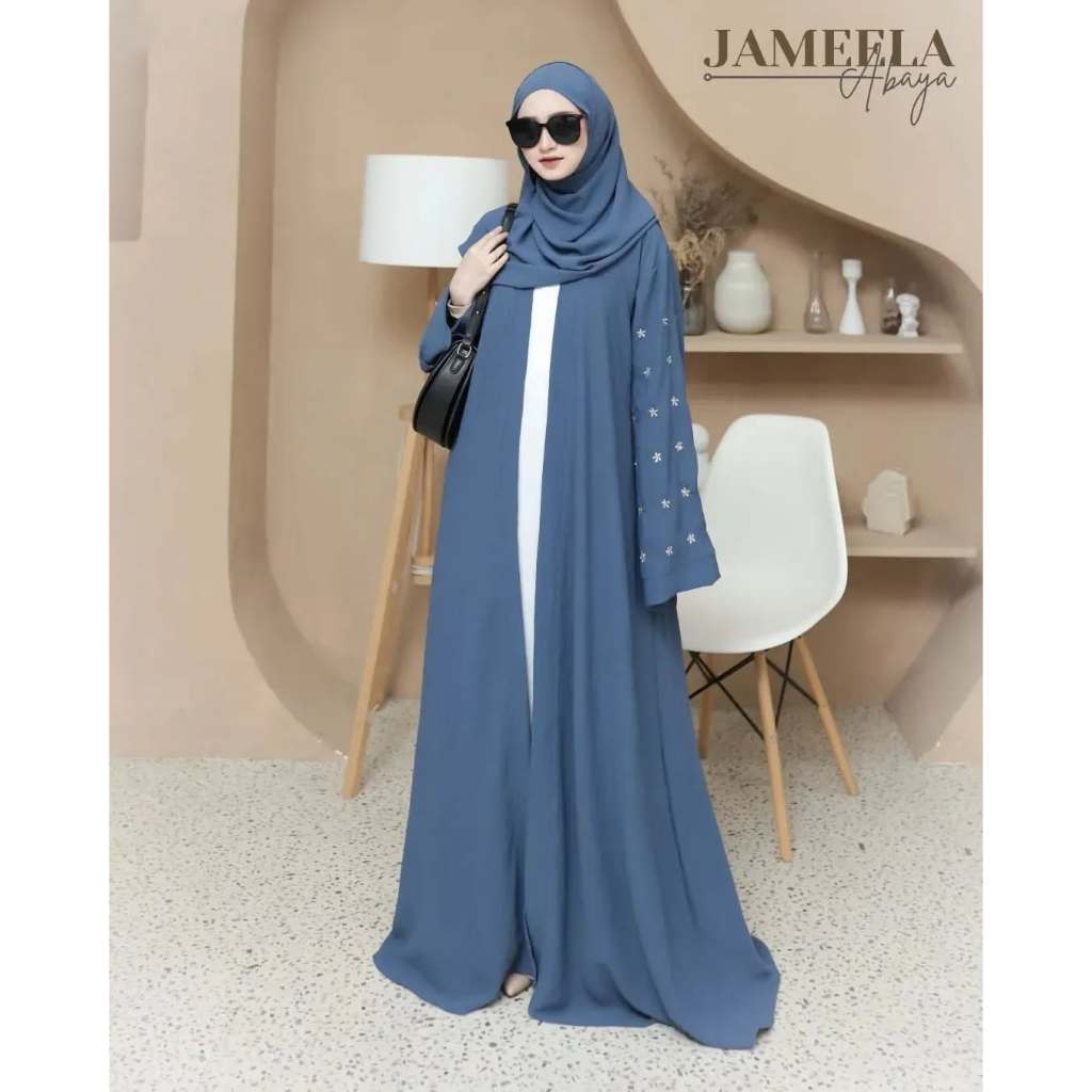 Abaya Jameela Full Bordir tangan Motif bunga mix crinkle airflow  1sethijab pasmina outer