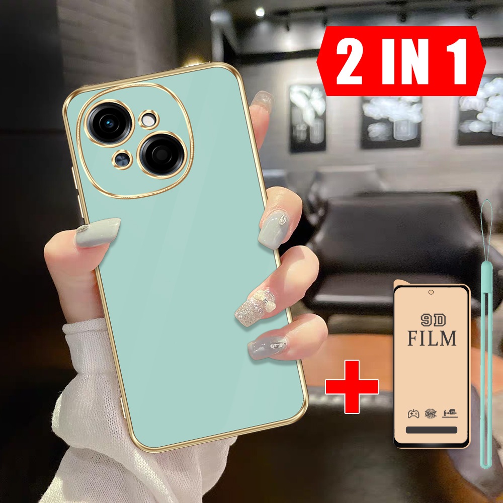 2 dalam 1 Case HP Tecno Spark Go 2025 1 1s POP 9 4G KL4 KL4h Casing Border Emas dengan Film Keramik 
